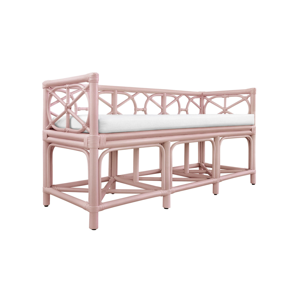 Worlds Away Decorative Bench With Performance Ivory Cushion In Painted Pink Rattan