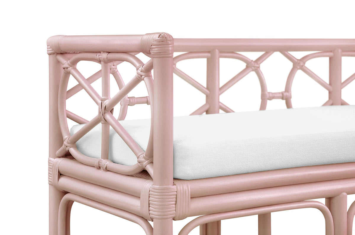 Worlds Away Decorative Bench With Performance Ivory Cushion In Painted Pink Rattan