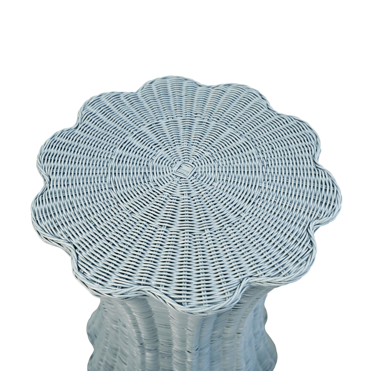 Worlds Away Round Occasional Table With Scalloped Edges In Painted Light Blue Rattan