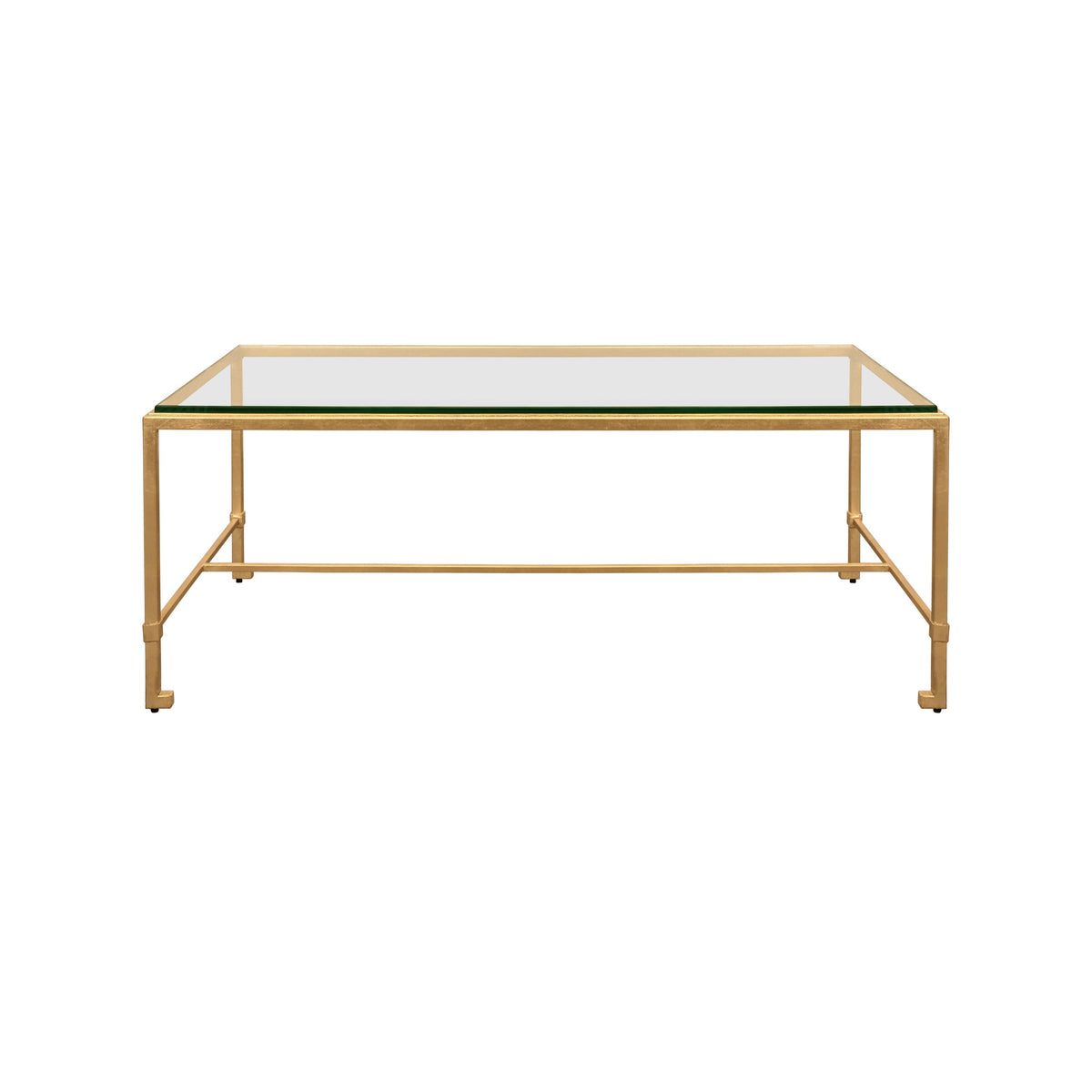 Worlds Away Rectangular Iron Coffee Table With Thick Glass Top In Gold Leaf