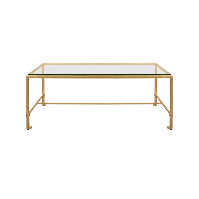 Worlds Away Rectangular Iron Coffee Table With Thick Glass Top In Gold Leaf