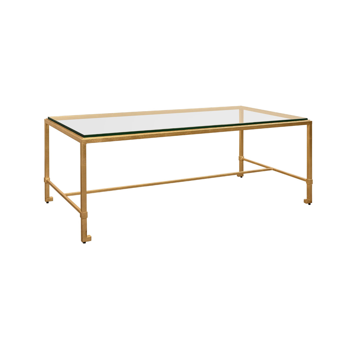 Worlds Away Rectangular Iron Coffee Table With Thick Glass Top In Gold Leaf