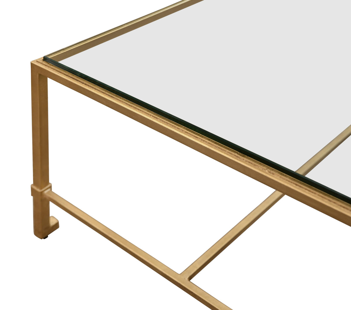 Worlds Away Rectangular Iron Coffee Table With Thick Glass Top In Gold Leaf