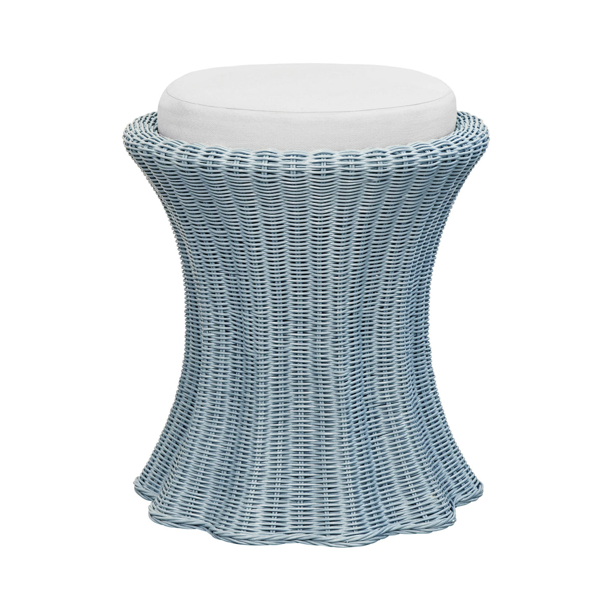 Worlds Away Round Stool With Scalloped Edges And Performance Ivory Linen Cushion In Painted Light Blue Rattan