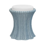 Worlds Away Round Stool With Scalloped Edges And Performance Ivory Linen Cushion In Painted Light Blue Rattan