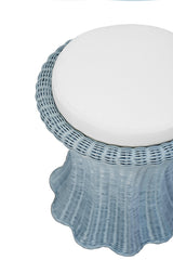 Worlds Away Round Stool With Scalloped Edges And Performance Ivory Linen Cushion In Painted Light Blue Rattan