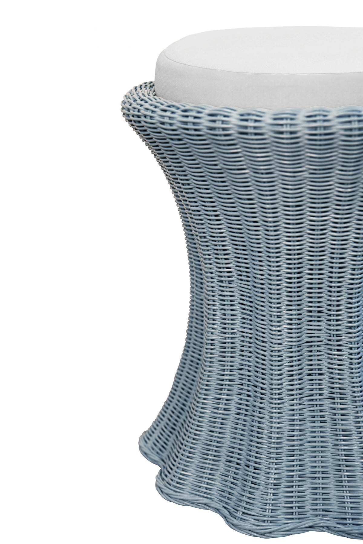 Worlds Away Round Stool With Scalloped Edges And Performance Ivory Linen Cushion In Painted Light Blue Rattan
