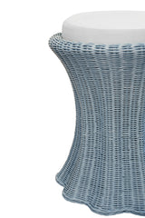 Worlds Away Round Stool With Scalloped Edges And Performance Ivory Linen Cushion In Painted Light Blue Rattan