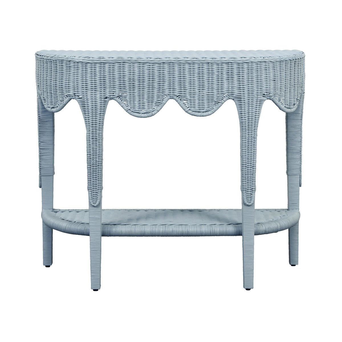 Worlds Away Scalloped Top Demi Lune With Open Shelf In Painted Light Blue Rattan