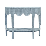 Worlds Away Scalloped Top Demi Lune With Open Shelf In Painted Light Blue Rattan