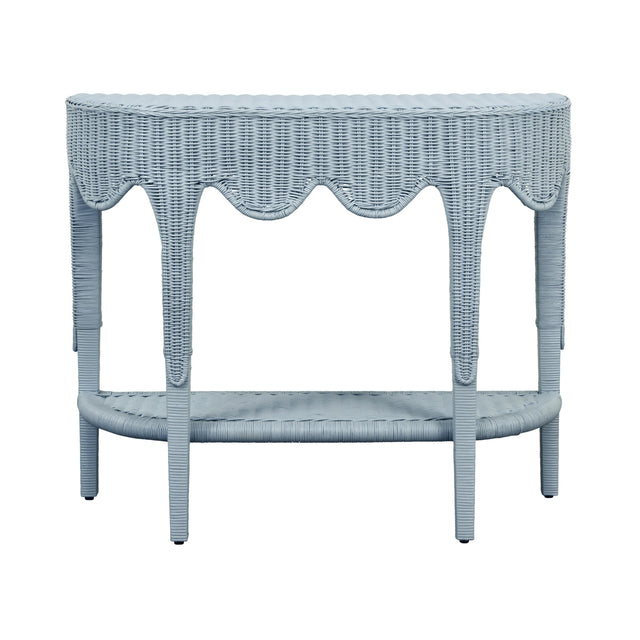 Worlds Away Scalloped Top Demi Lune With Open Shelf In Painted Light Blue Rattan