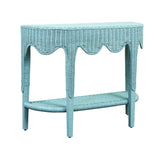 Worlds Away Scalloped Top Demi Lune With Open Shelf In Painted Light Blue Rattan
