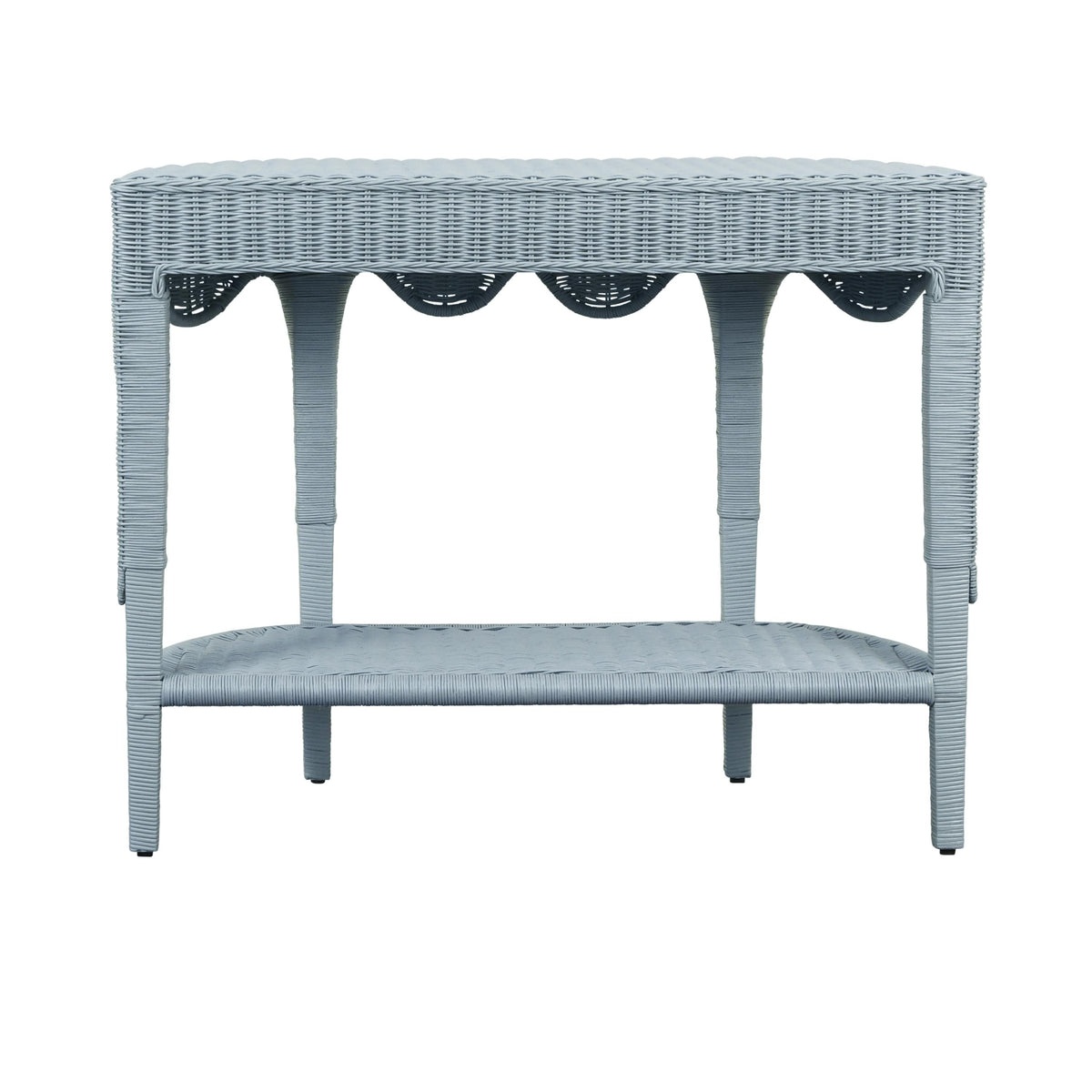 Worlds Away Scalloped Top Demi Lune With Open Shelf In Painted Light Blue Rattan