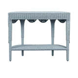 Worlds Away Scalloped Top Demi Lune With Open Shelf In Painted Light Blue Rattan