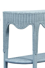 Worlds Away Scalloped Top Demi Lune With Open Shelf In Painted Light Blue Rattan