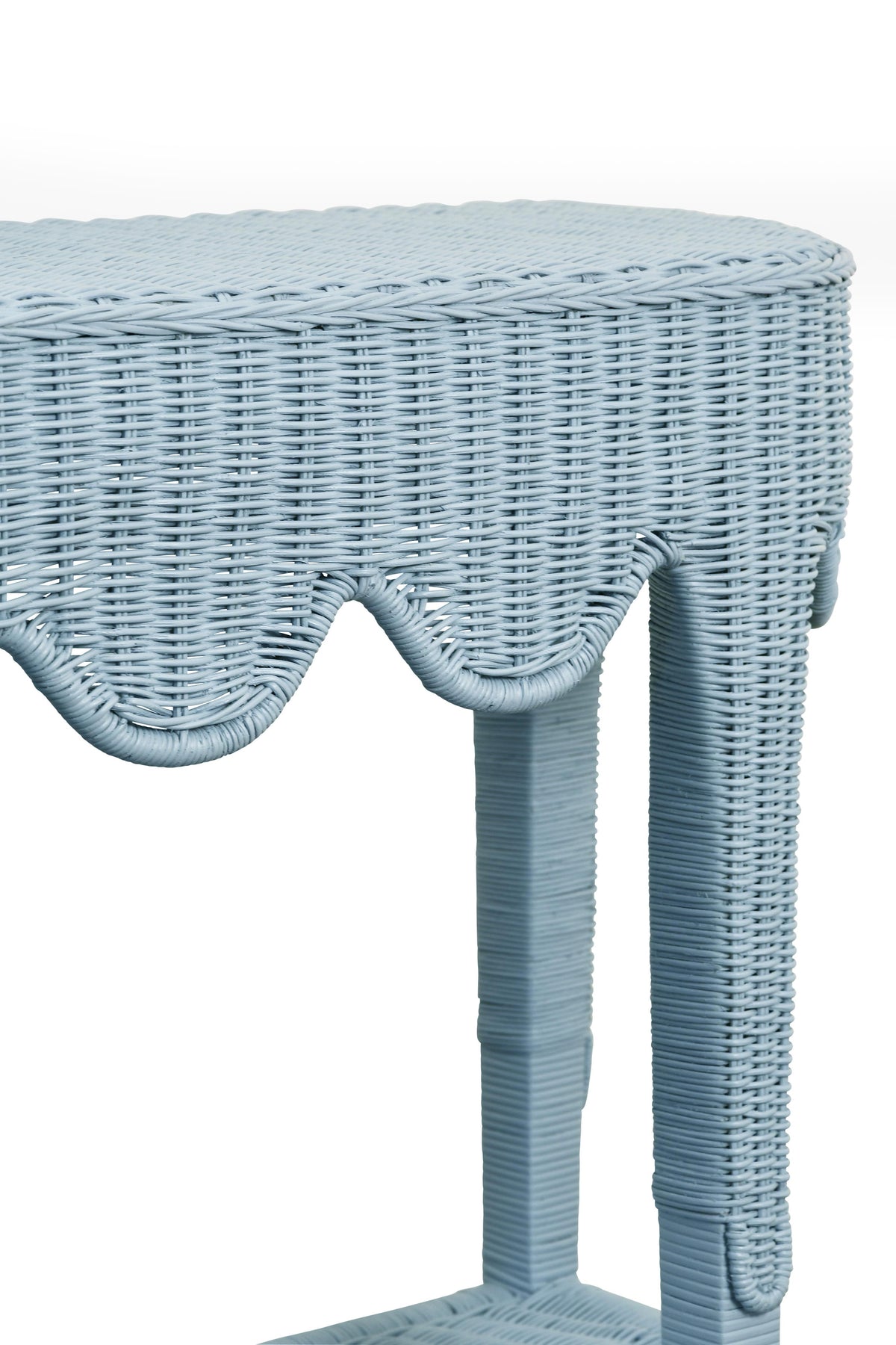 Worlds Away Scalloped Top Demi Lune With Open Shelf In Painted Light Blue Rattan