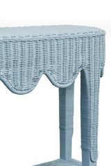 Worlds Away Scalloped Top Demi Lune With Open Shelf In Painted Light Blue Rattan