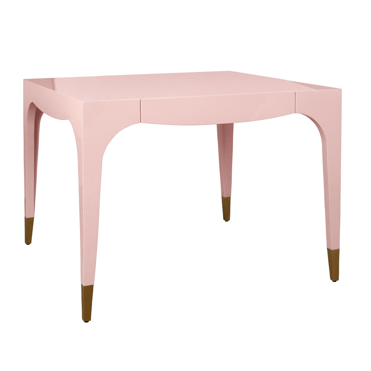 Worlds Away Square Tapered Leg, Two Drawer Game Table With Antique Brass Foot Caps In Pink Lacquer
