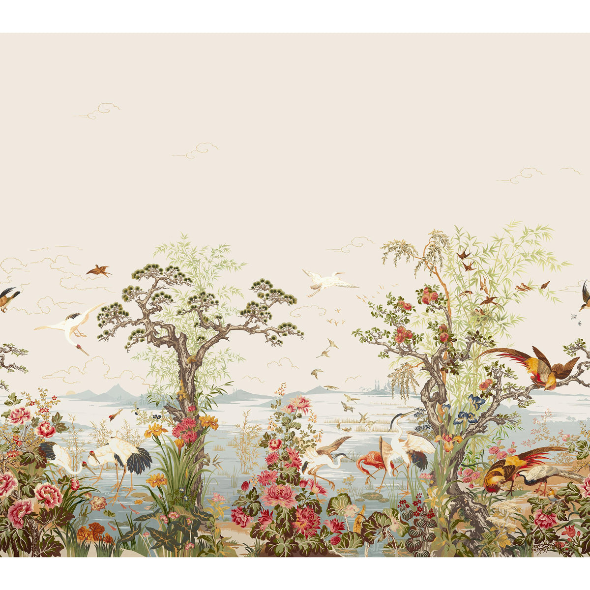 Thibaut Crane Mural Green And Rose