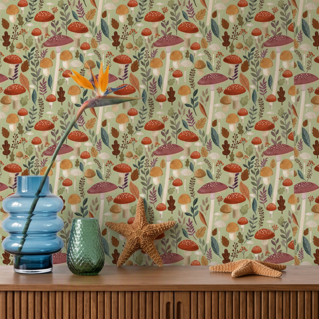 Veer Decor Mushroom Muse Green Peel & Stick Wallpaper