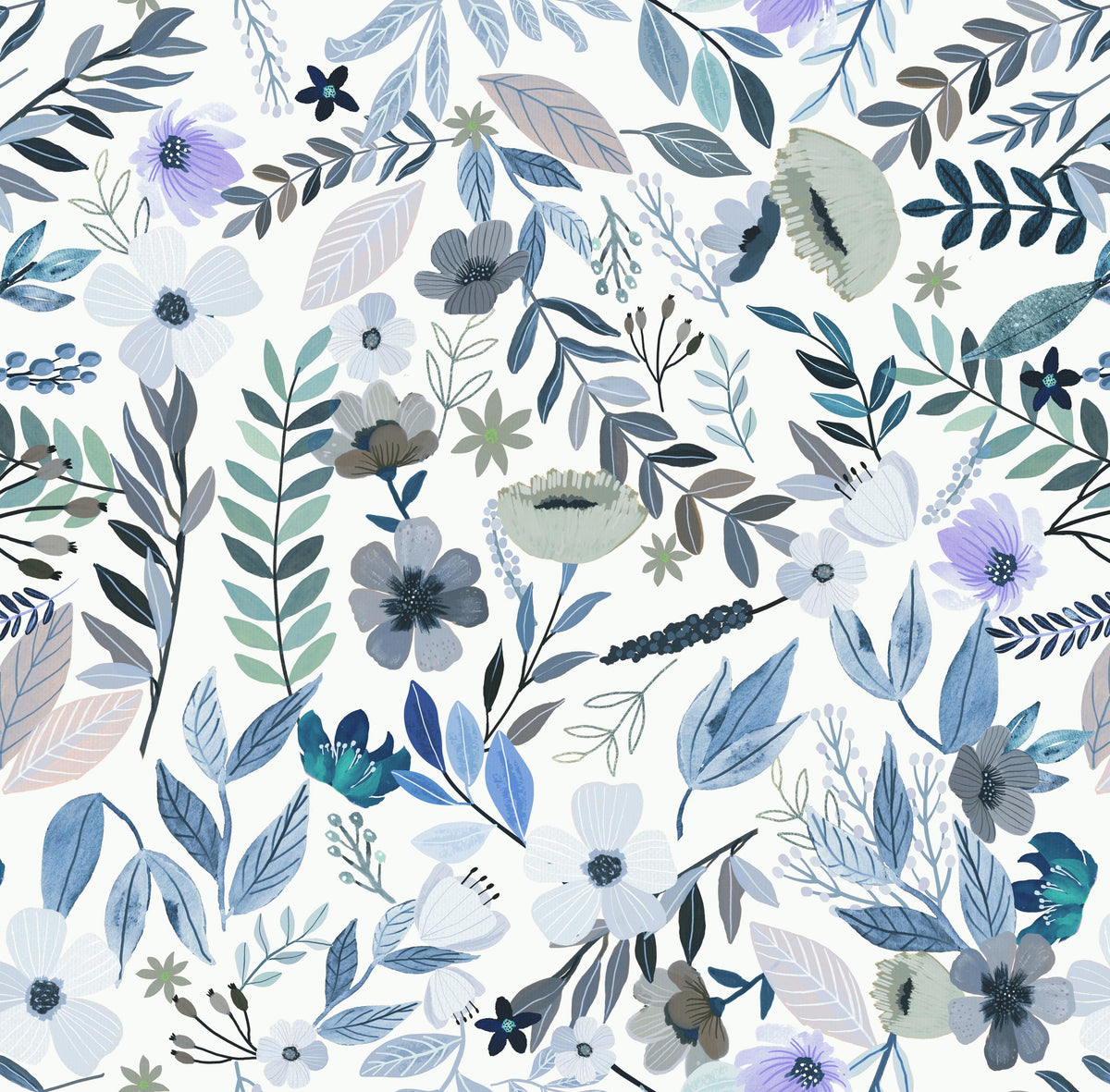 Veer Decor Emilie Floral Grey & Blue Peel & Stick Wallpaper