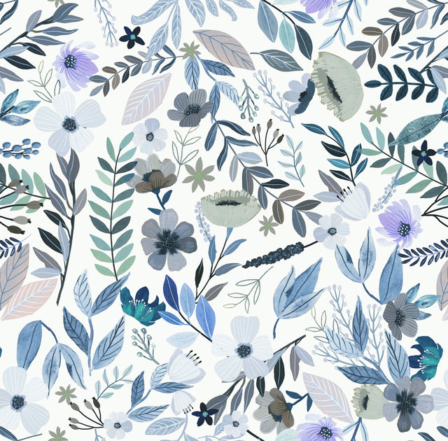 Veer Decor Emilie Floral Grey & Blue Peel & Stick Wallpaper