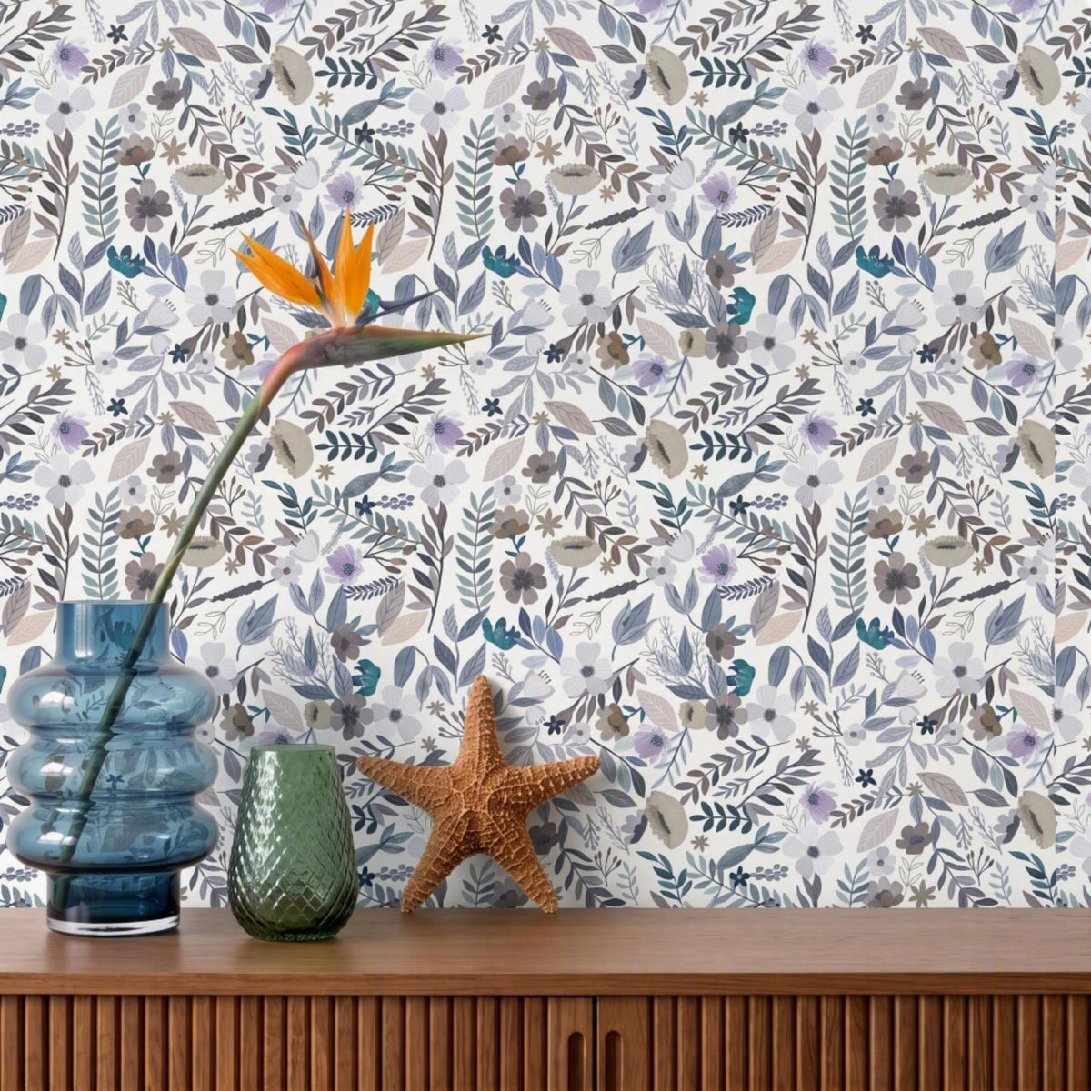 Veer Decor Emilie Floral Grey & Blue Peel & Stick Wallpaper