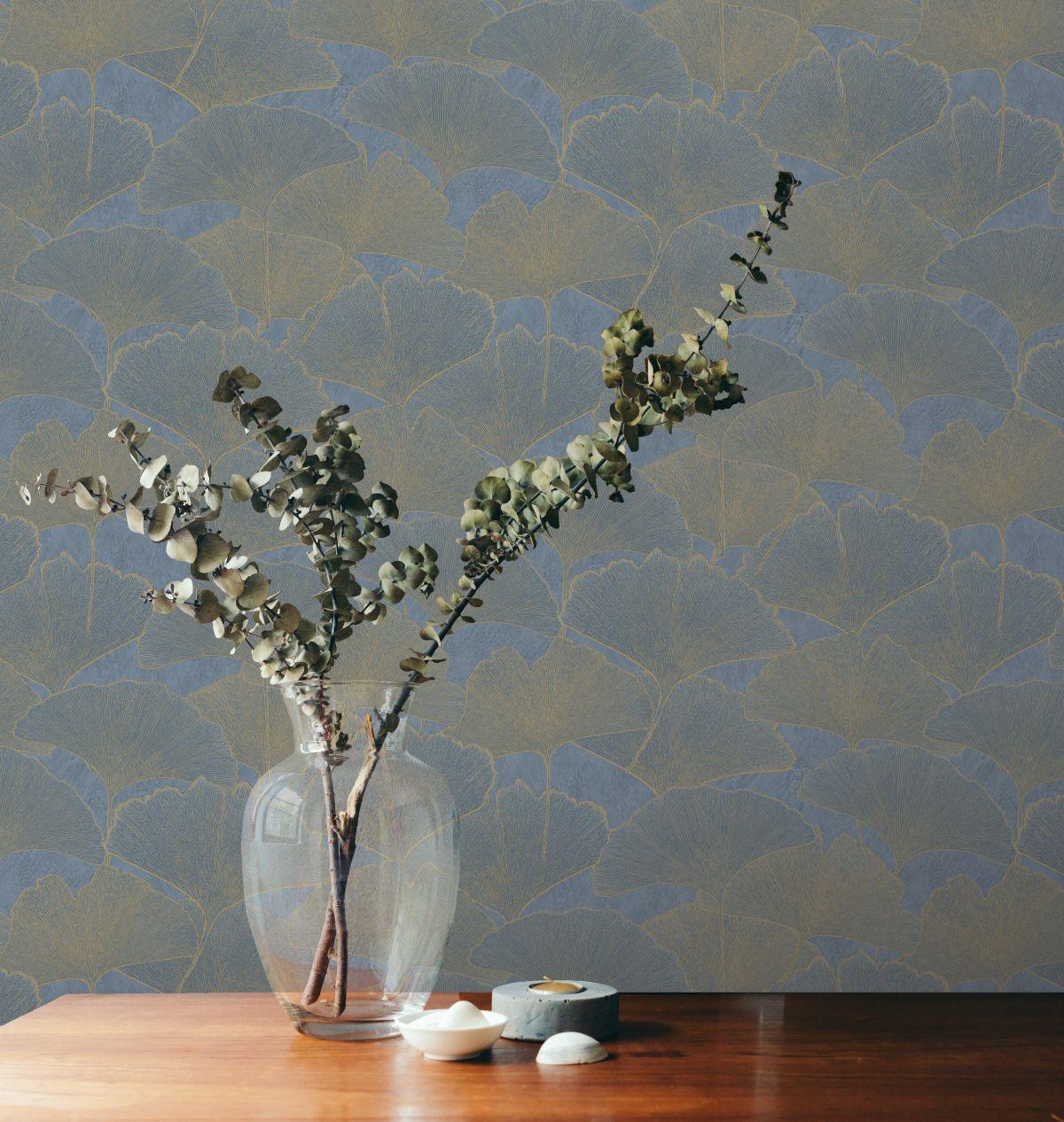 Veer Decor Gingko Petal Blue Wallpaper