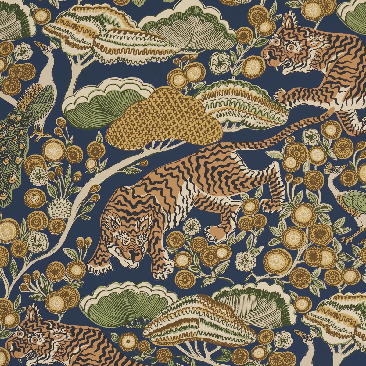 Schumacher Ranthambore Garden Handprint Navy Wallpaper