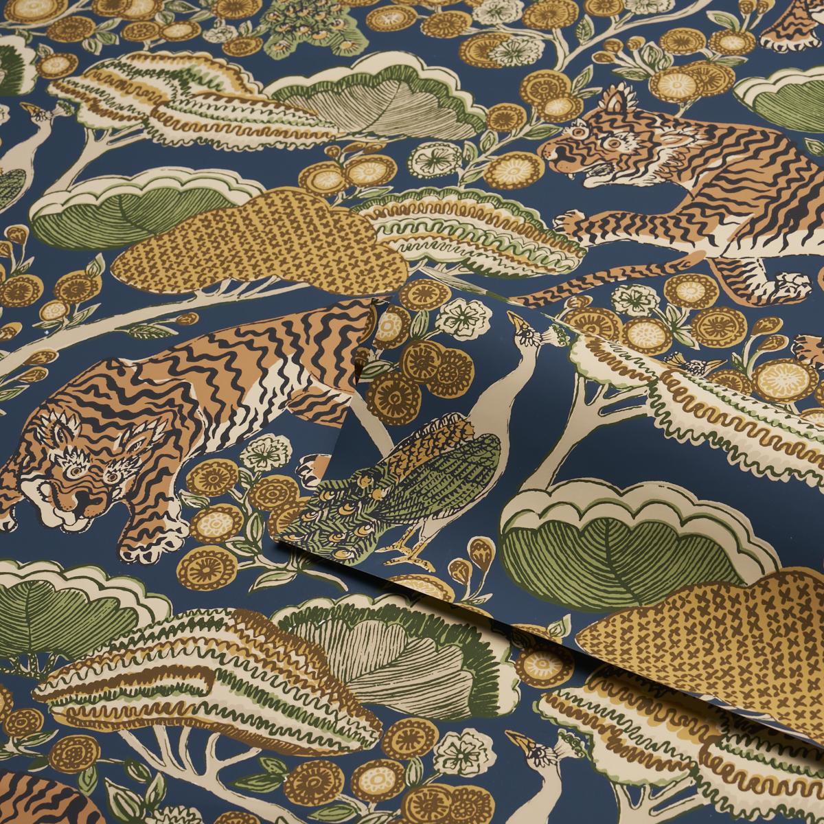 Schumacher Ranthambore Garden Handprint Navy Wallpaper