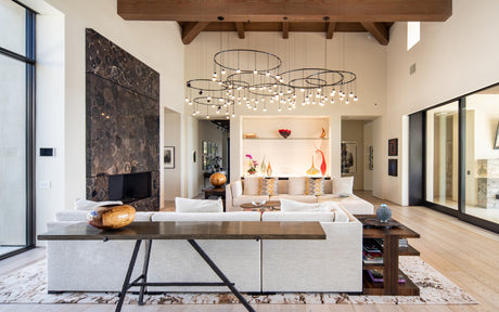 Living room with Sonneman chandeliers