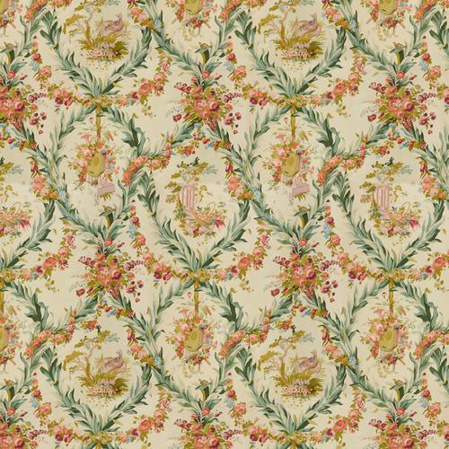 Brunschwig & Fils FONTAINEBLEAU GLAZED CHINTZ RED GREEN AND GOLD ON CREAM Fabric