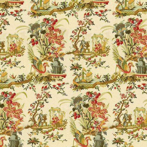Brunschwig & Fils LE LAC LINEN PRINT TEAL AND MELON ON CREAM Fabric
