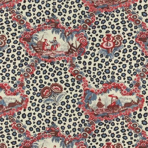 Brunschwig & Fils CHINESE LEOPARD TOILE SHADES OF RED & BLUE Fabric