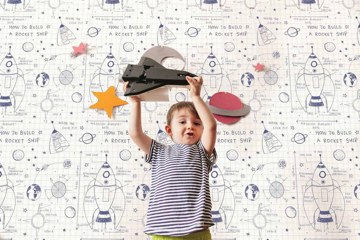 Seabrook Rocket Ship White And Navy Wallpaper