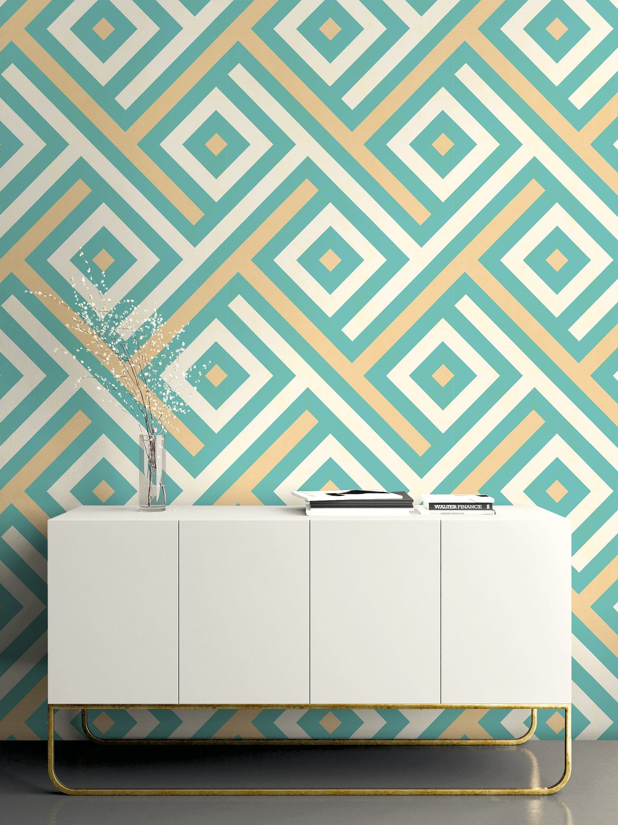 Seabrook Mirante Chevron Block Metallic Gold And Turquoise Wallpaper
