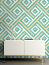 Seabrook Mirante Chevron Block Metallic Gold And Turquoise Wallpaper