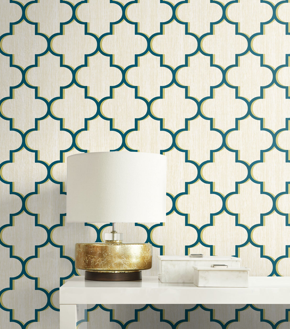 Seabrook Agate Ogee Metallic Navy And Green Wallpaper