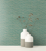 Seabrook Topaz Maze Metallic Gold And Teal Wallpaper