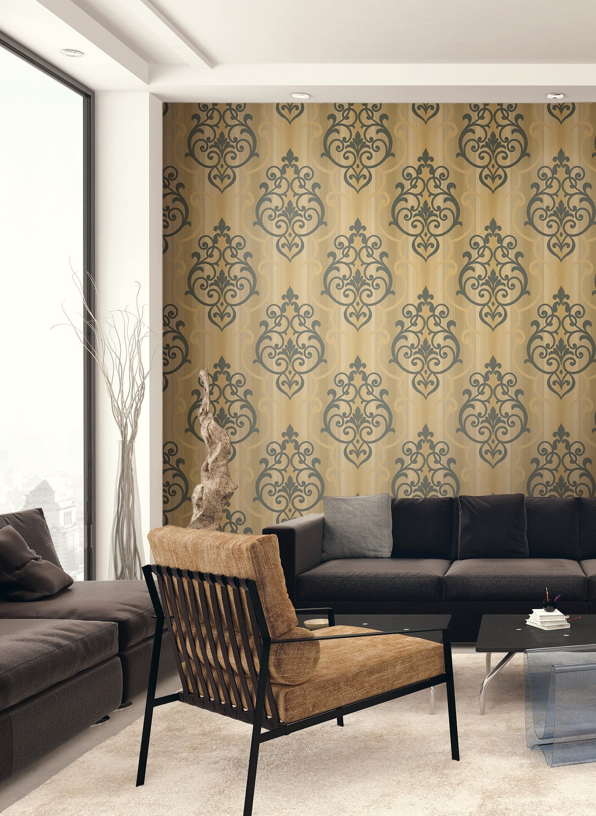 Seabrook Feldspar Damask Metallic Gold And Ebony Glitter Wallpaper
