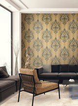 Seabrook Feldspar Damask Metallic Gold And Ebony Glitter Wallpaper