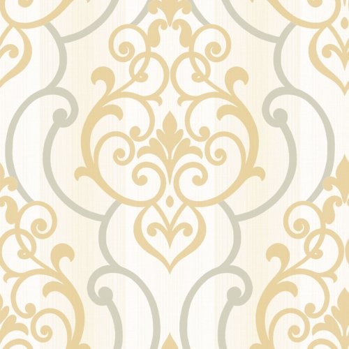 Seabrook Feldspar Damask Metallic Gold And Off-White Wallpaper