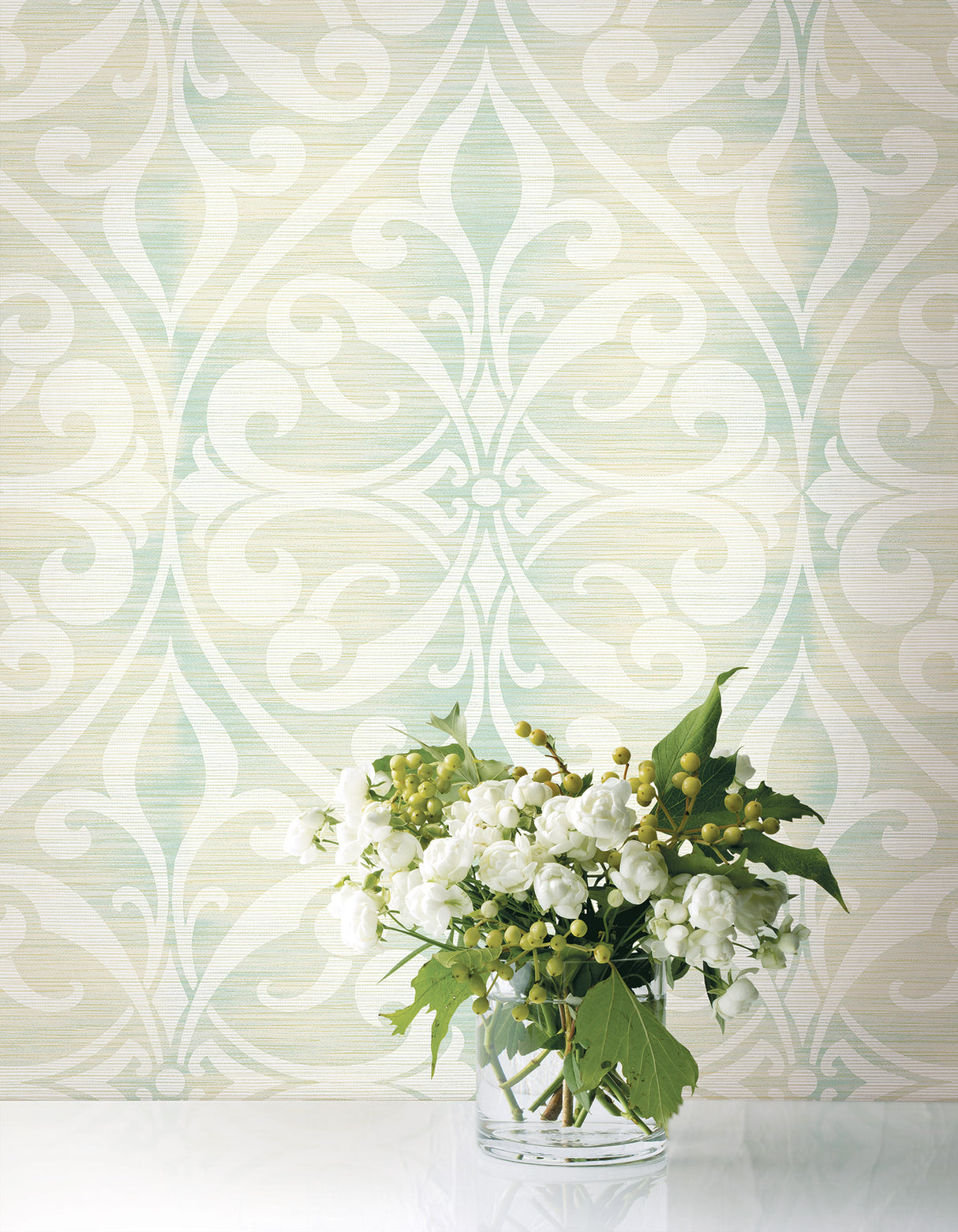 Seabrook Chambon Ogee Seafoam And Linen Wallpaper