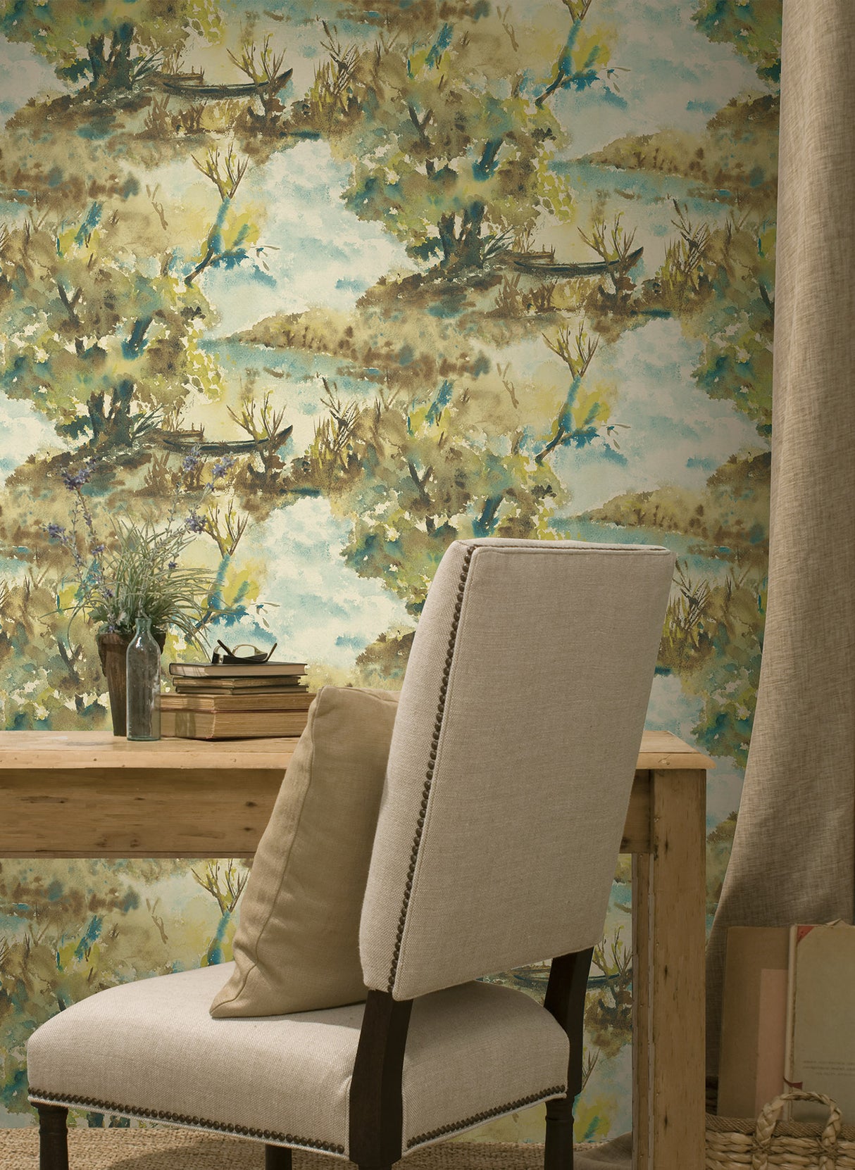Seabrook Attersee Carmel And Turquoise Wallpaper