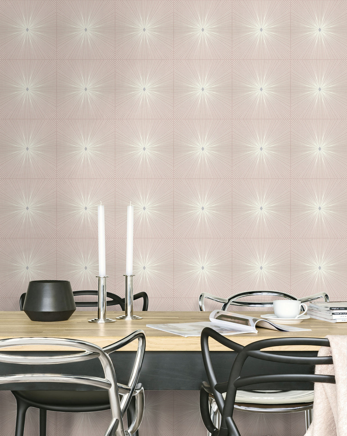Seabrook Melrose Pink, Off-White, And Metallic Silver Wallpaper