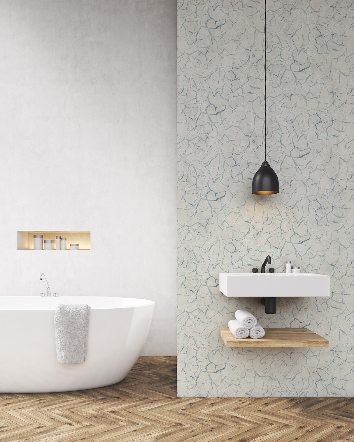 Seabrook Lenox Hill Crackle Blue And Off-White Wallpaper