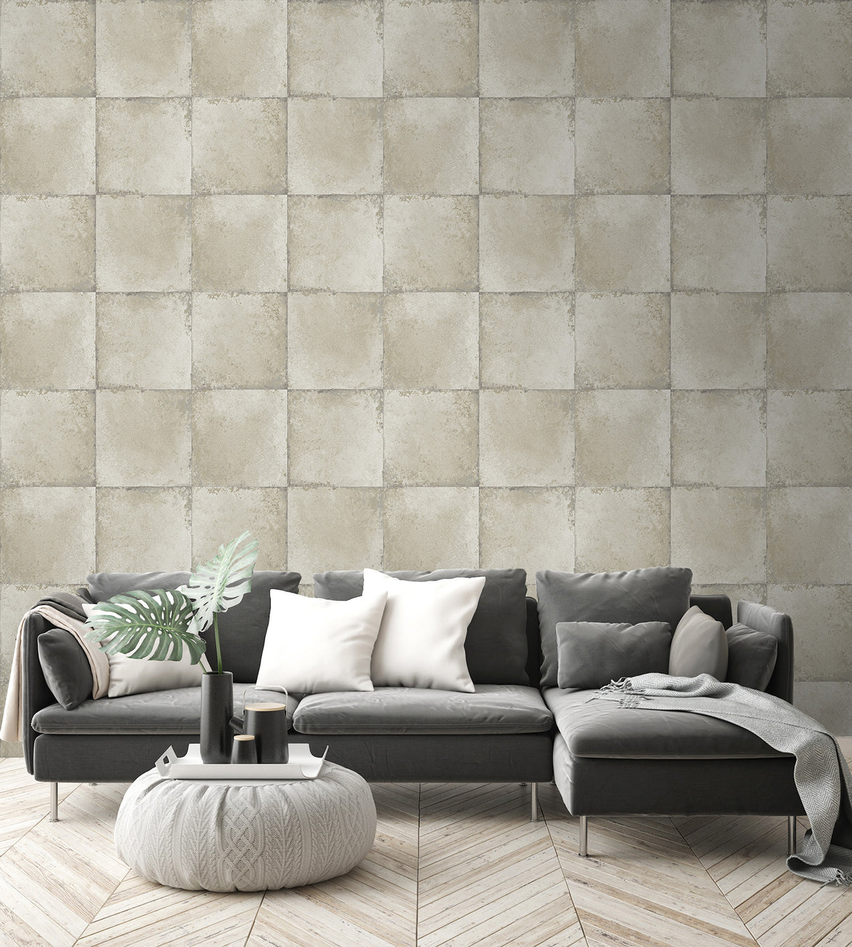 Seabrook Hampstead Tiles Gray, Tan, And Off-White Wallpaper
