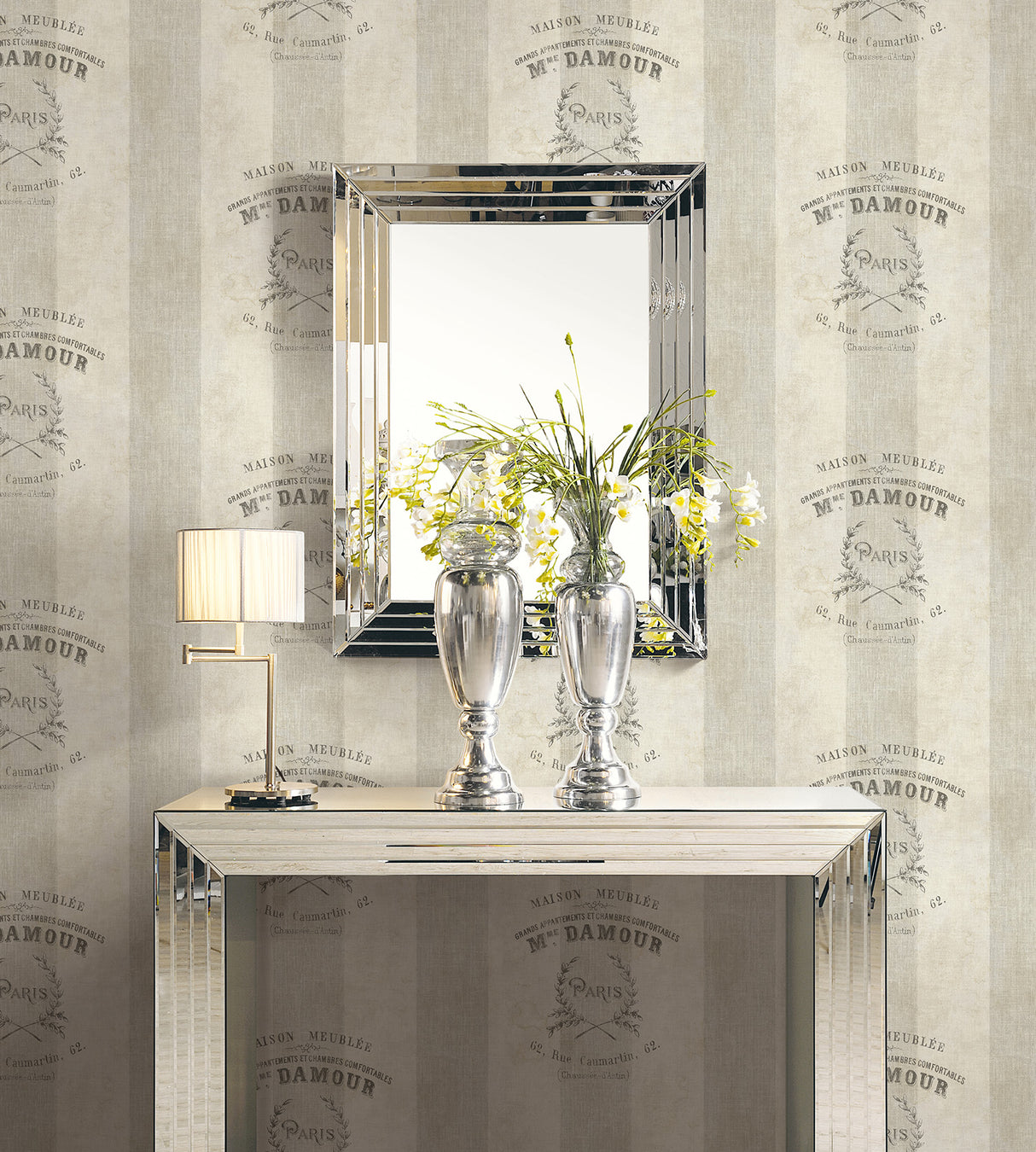 Seabrook Newcastle Crest Script Taupe, Brown, And Off-White Wallpaper