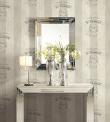 Seabrook Newcastle Crest Script Taupe, Brown, And Off-White Wallpaper