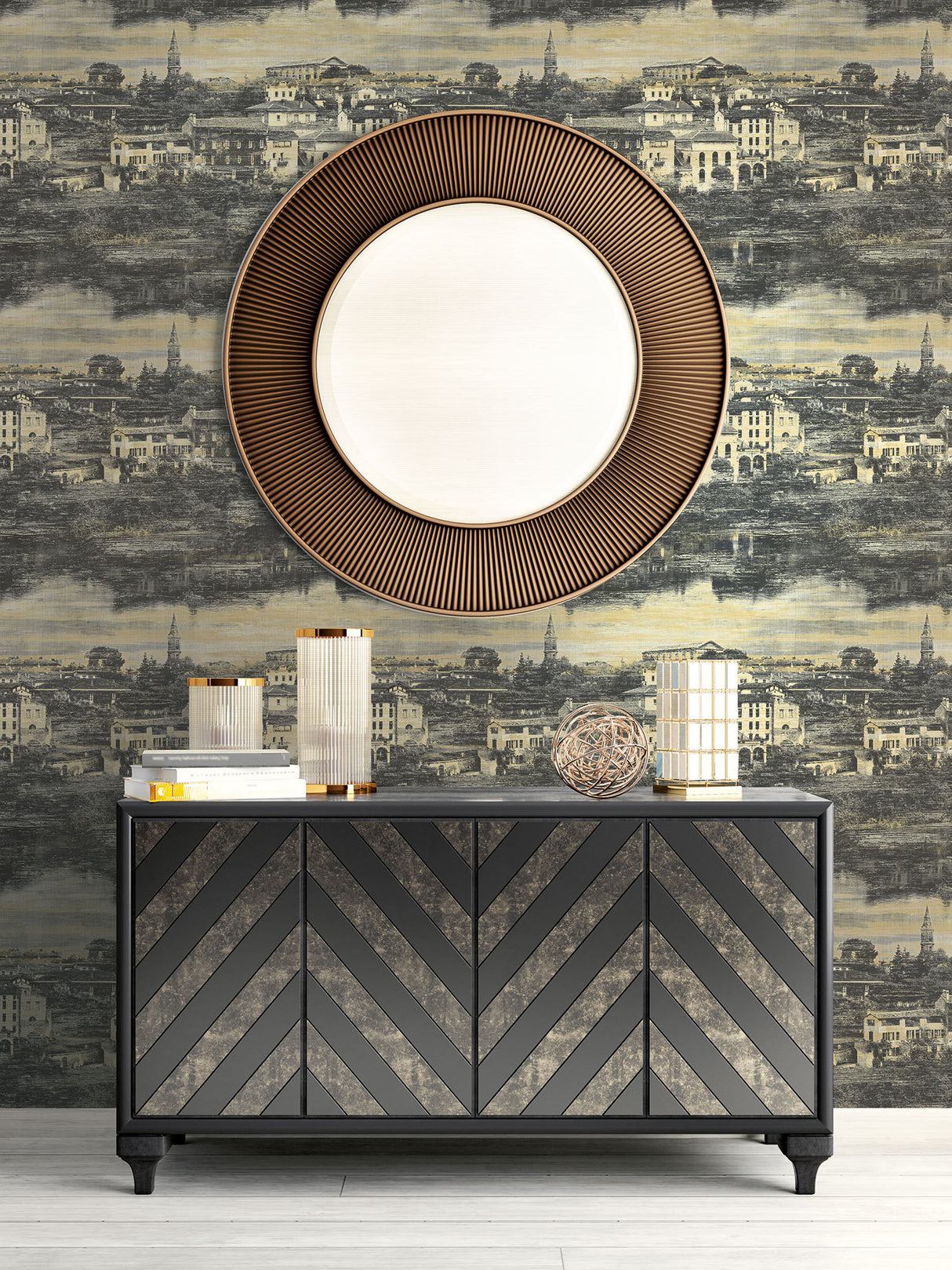 Seabrook Lenox Hill Tan, Black, And Gray Wallpaper